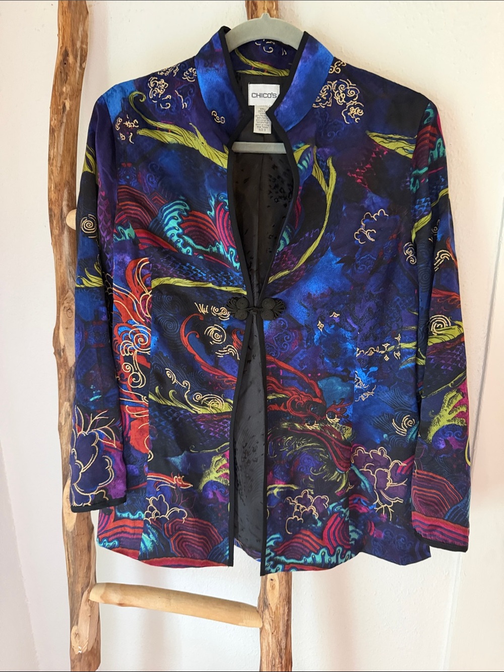 Chico's Blue Colorful Silk Asian Dragon Print Jacket in Blue Muticolor Small